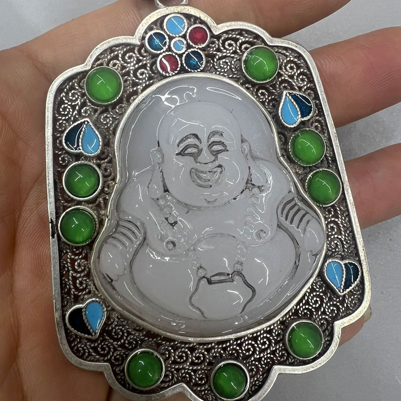 Vintage Collectible Market - Amulette Bouddha en jade incrusté, en